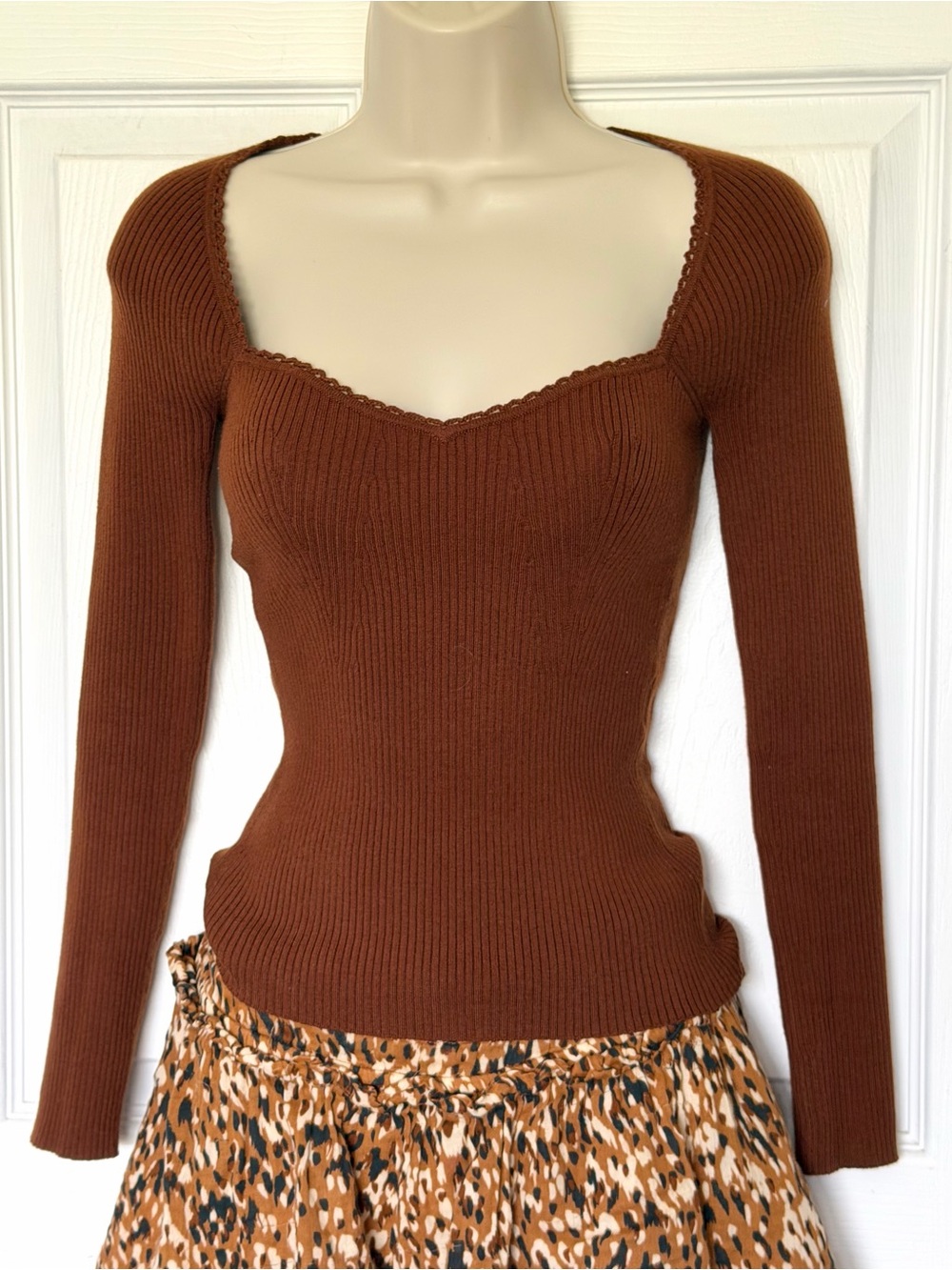 Sezane Brown Maha Jumper Ribbed Square-Neck Long Sleeve Top